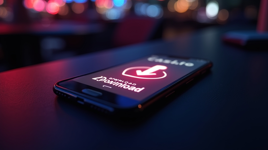Smartphone mit Casino-App-Download vor dunkler Neon-Kulisse