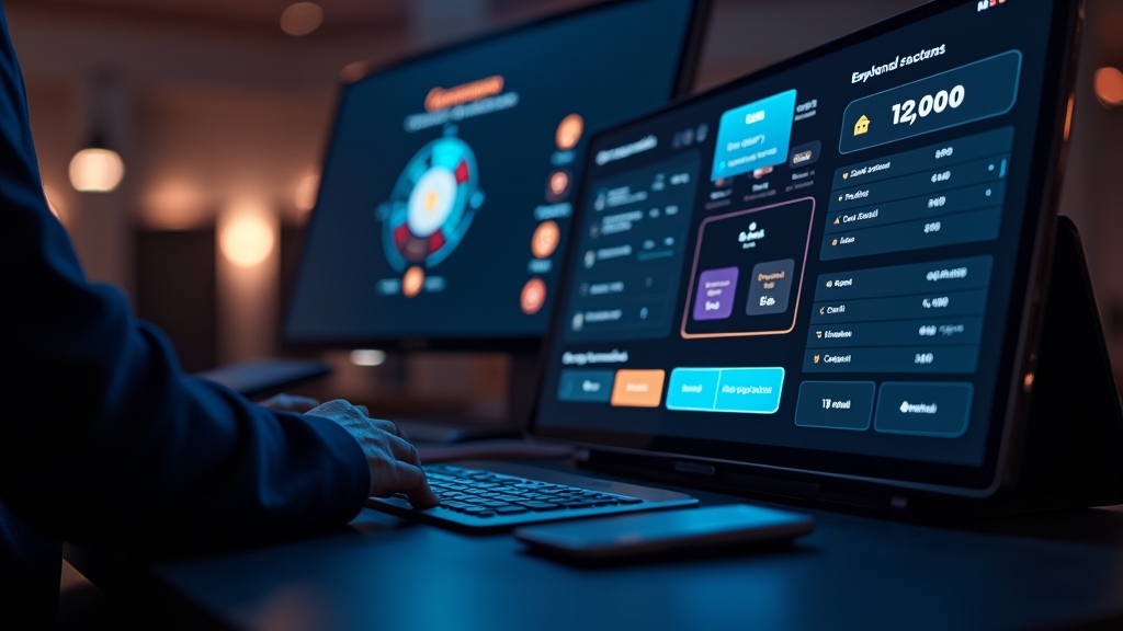 Dunkle Casino-Kasse mit Zahlungsicons und Auszahlungs-Dashboard